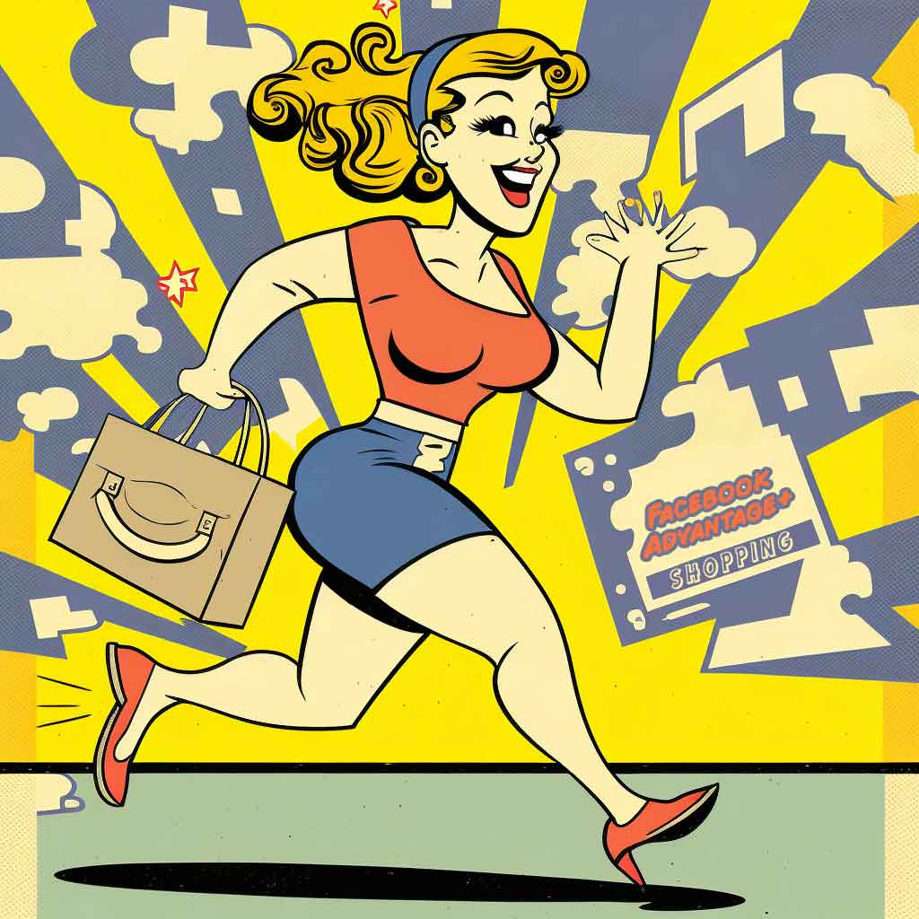 popart cartoon style image showing Facebook Advantage+ Shopping Campaigns